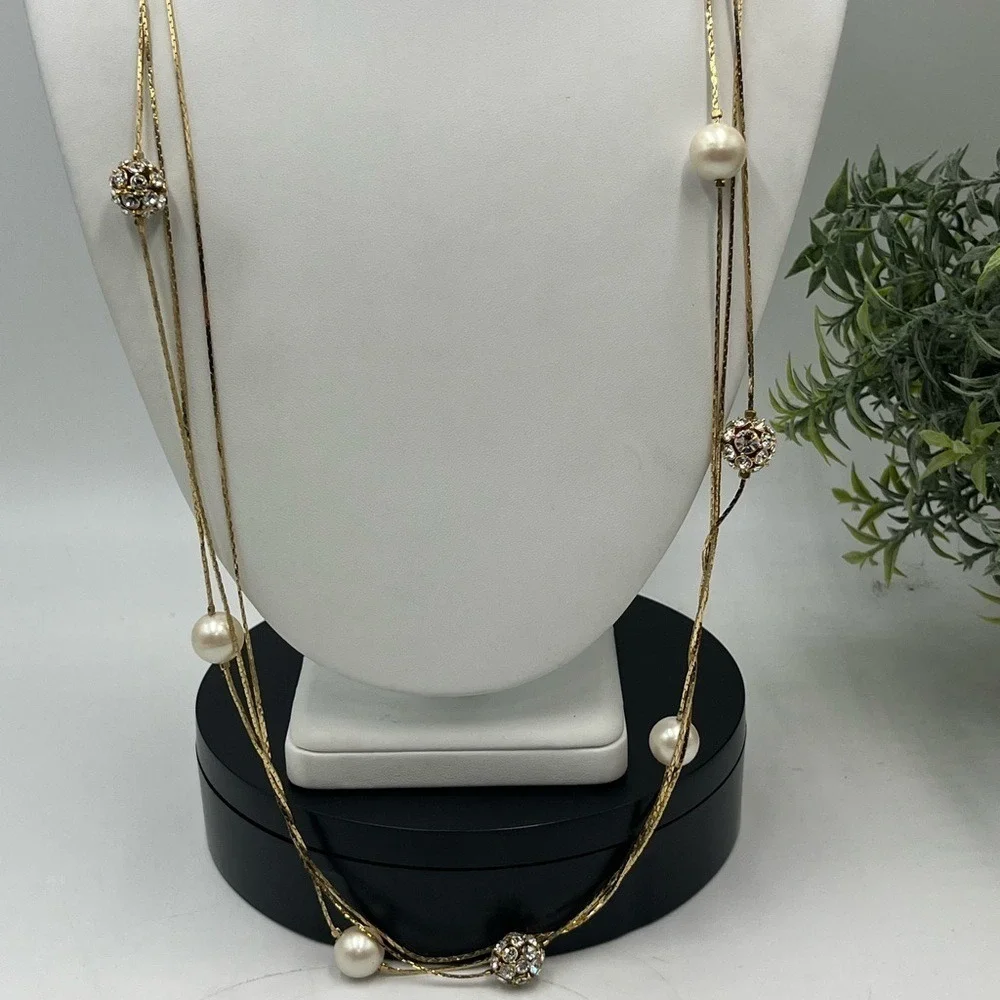 Kate Spade NY Gold Plated Triple Strand Faux Pearl Pave Beads Long Necklace